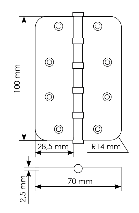 Петля стальная MSN-C 100X70X2.5-4BB SN скругленная универсальная с подшипником, вес полотна до 40 кг, цвет белый никель фото купить в Курске